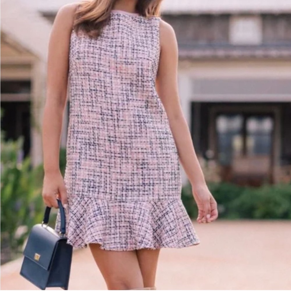 NWT Gal Meets Glam Anika Pink Tweed Dress new preppy Boucle plaid